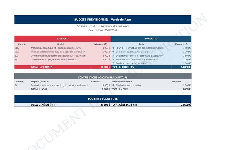 Aperçu — Budget prévisionnel — Verticale Azur