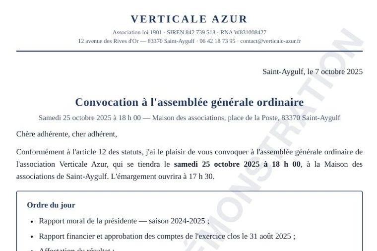 Aperçu — Convocation d'assemblée générale — Verticale Azur