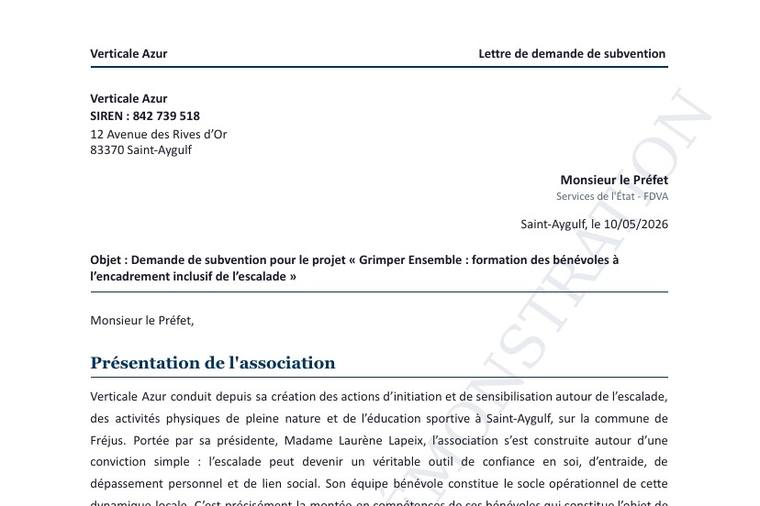 Aperçu — Lettre de demande de subvention — Verticale Azur