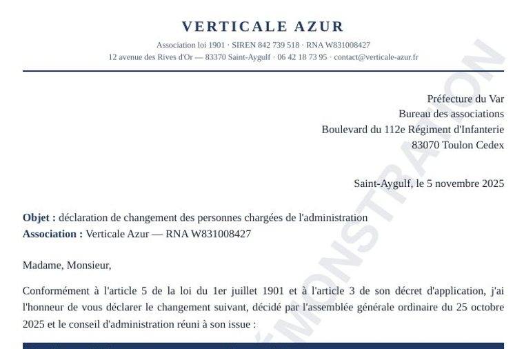 Aperçu — Déclaration de changement de dirigeants — Verticale Azur