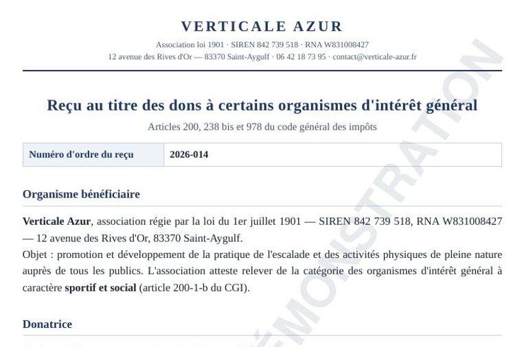 Aperçu — Reçu fiscal n° 2026-014 — Verticale Azur