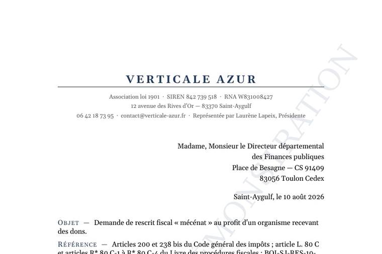 Aperçu — Demande de rescrit fiscal — Verticale Azur